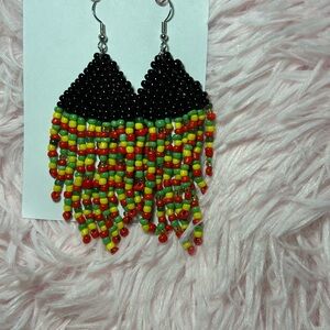 Black Beaded Fringe Earrings with Red, Yellow & Green Accents